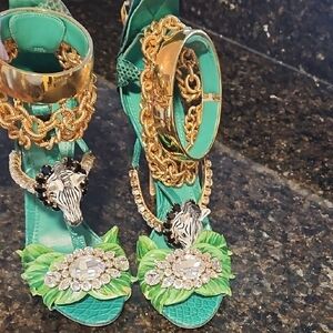 Dolce & Gabbana Green and Gold Embellished Heels